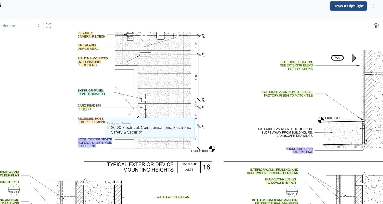 Drawing highlighted and color-coded by trade