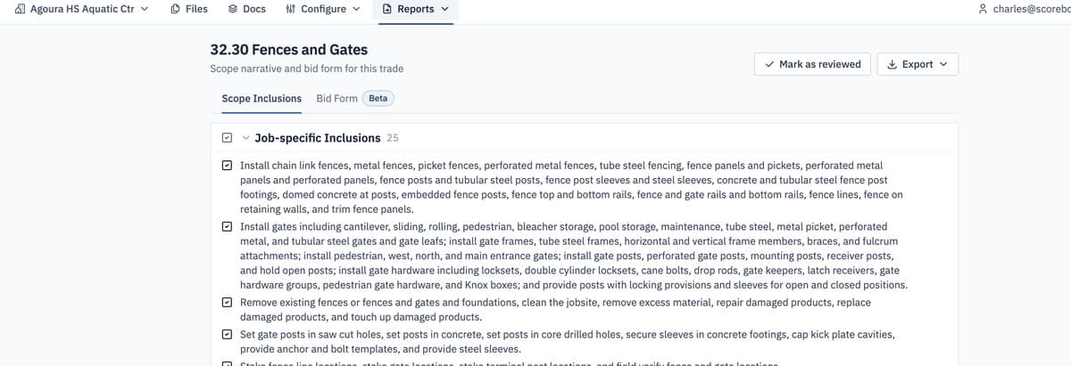 Scope narrative generated for a trade